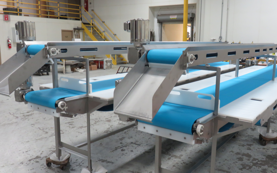 Twin stainless steel meat trimming tables with blue conveyor belts, designed for poultry processing efficiency, featuring multiple workstations and easy-to-clean surfaces.
