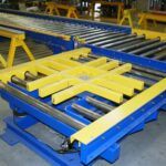 Heavy-duty conveyor system with yellow and blue components, designed for automated pallet movement in sterilization processes.