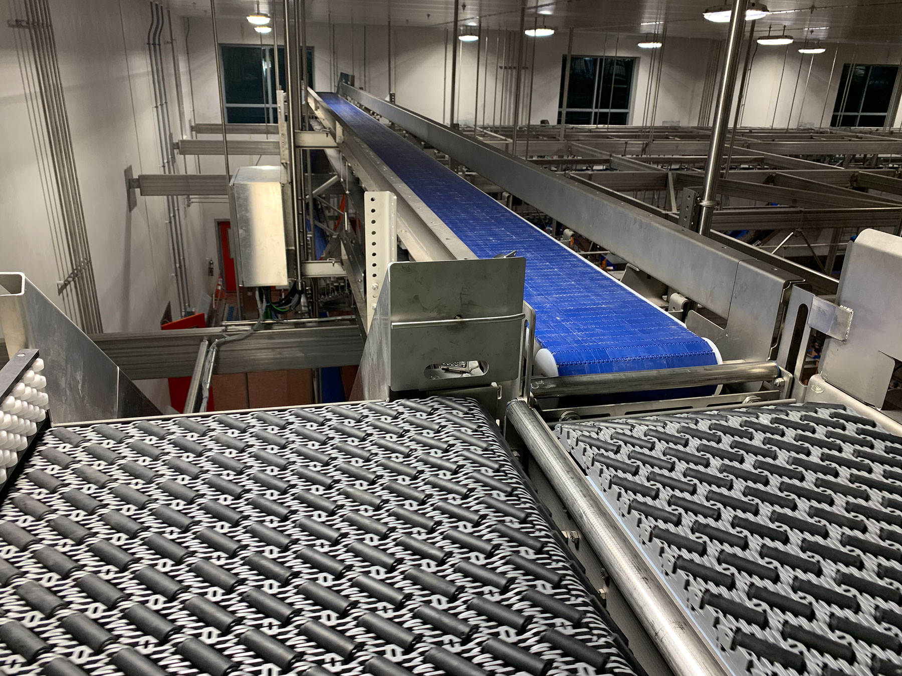 Case-handling conveyor system featuring black and blue conveyor belts in a food processing facility, illustrating CHL Systems' automation solutions for material handling.