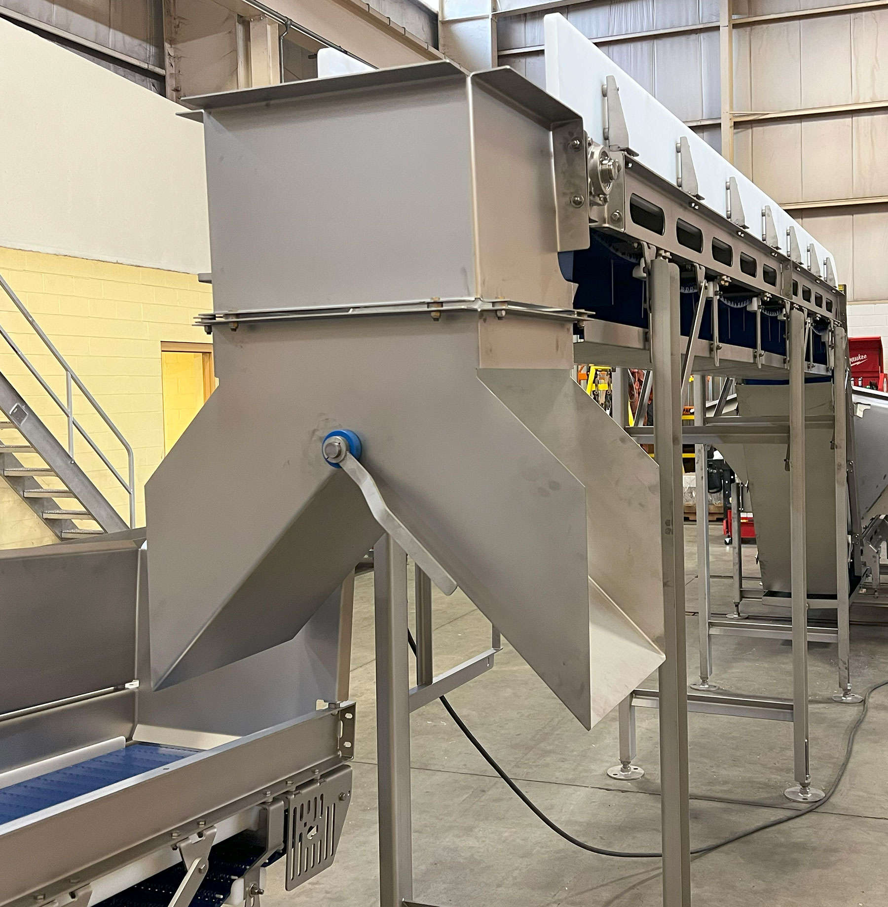 Custom conveyance system featuring a stainless steel dumper and conveyor components designed for food processing automation.
