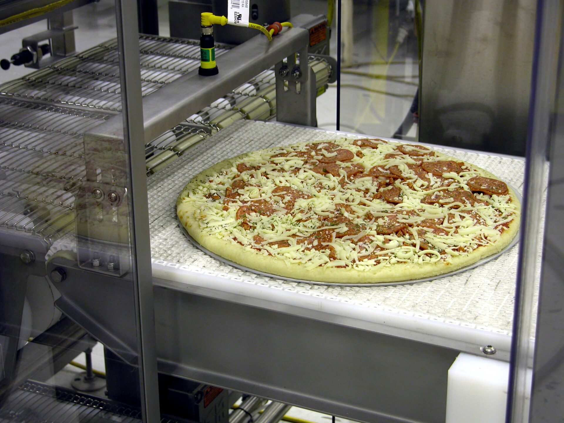 Pizza on conveyor system in food processing facility, showcasing automated food handling and production.