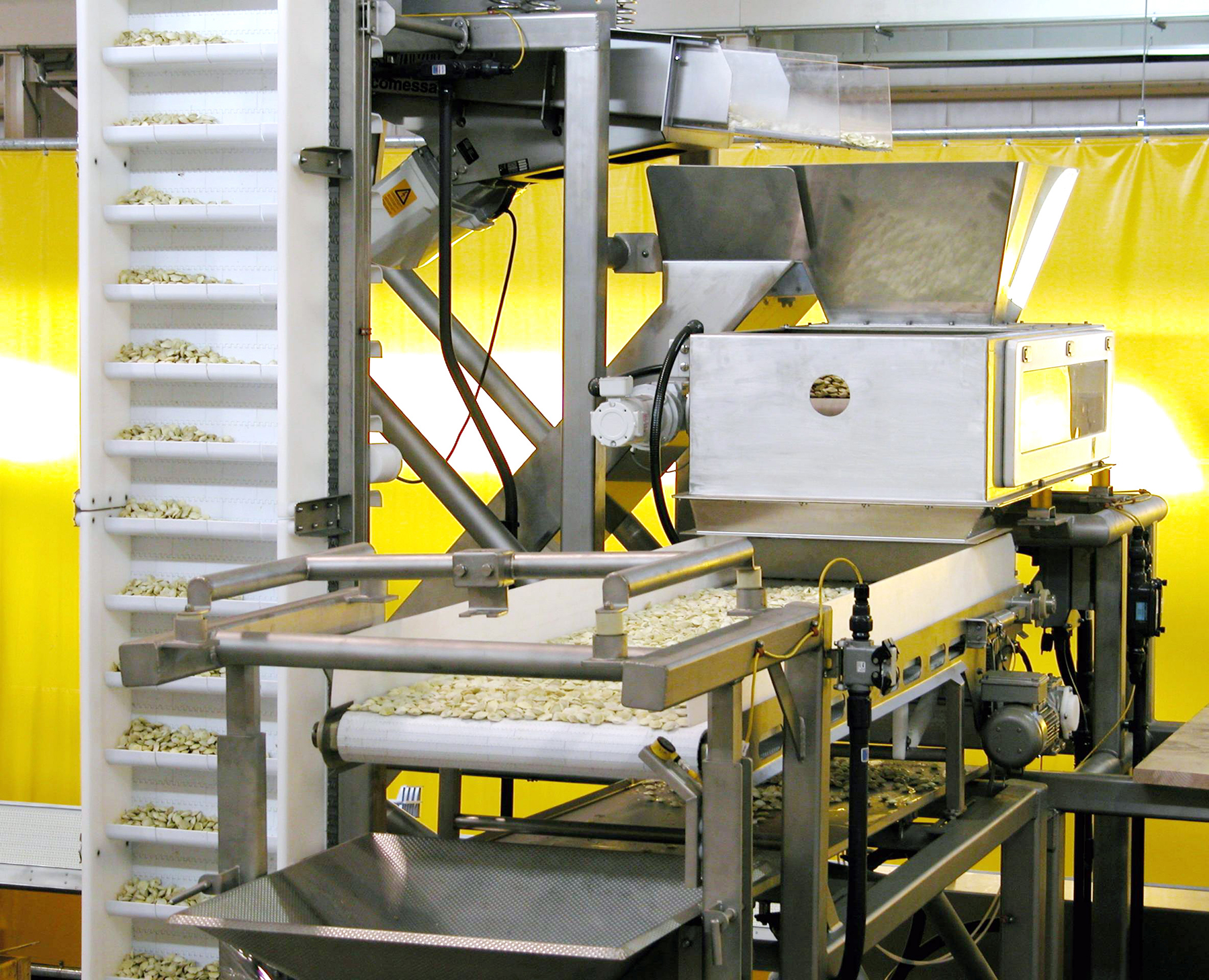 Frozen food sortation system with inclined conveyor and automated sorting mechanism, showcasing food processing equipment by CHL Systems Inc.