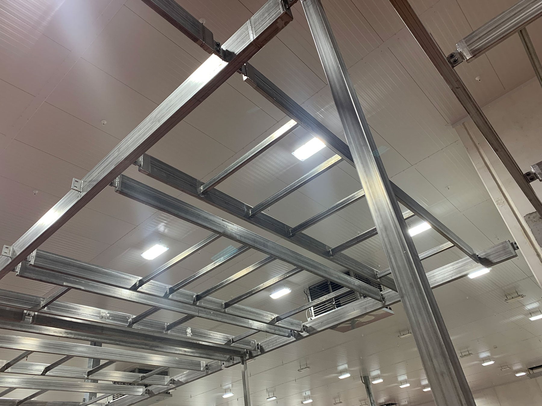 Processing equipment support structure featuring metal framing and overhead lighting, relevant to CHL Systems' food processing automation solutions.