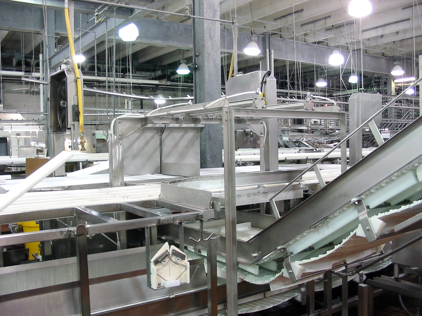 Processing line conveyors in a food production facility, featuring stainless steel construction and multiple conveyor systems for material handling and automation.