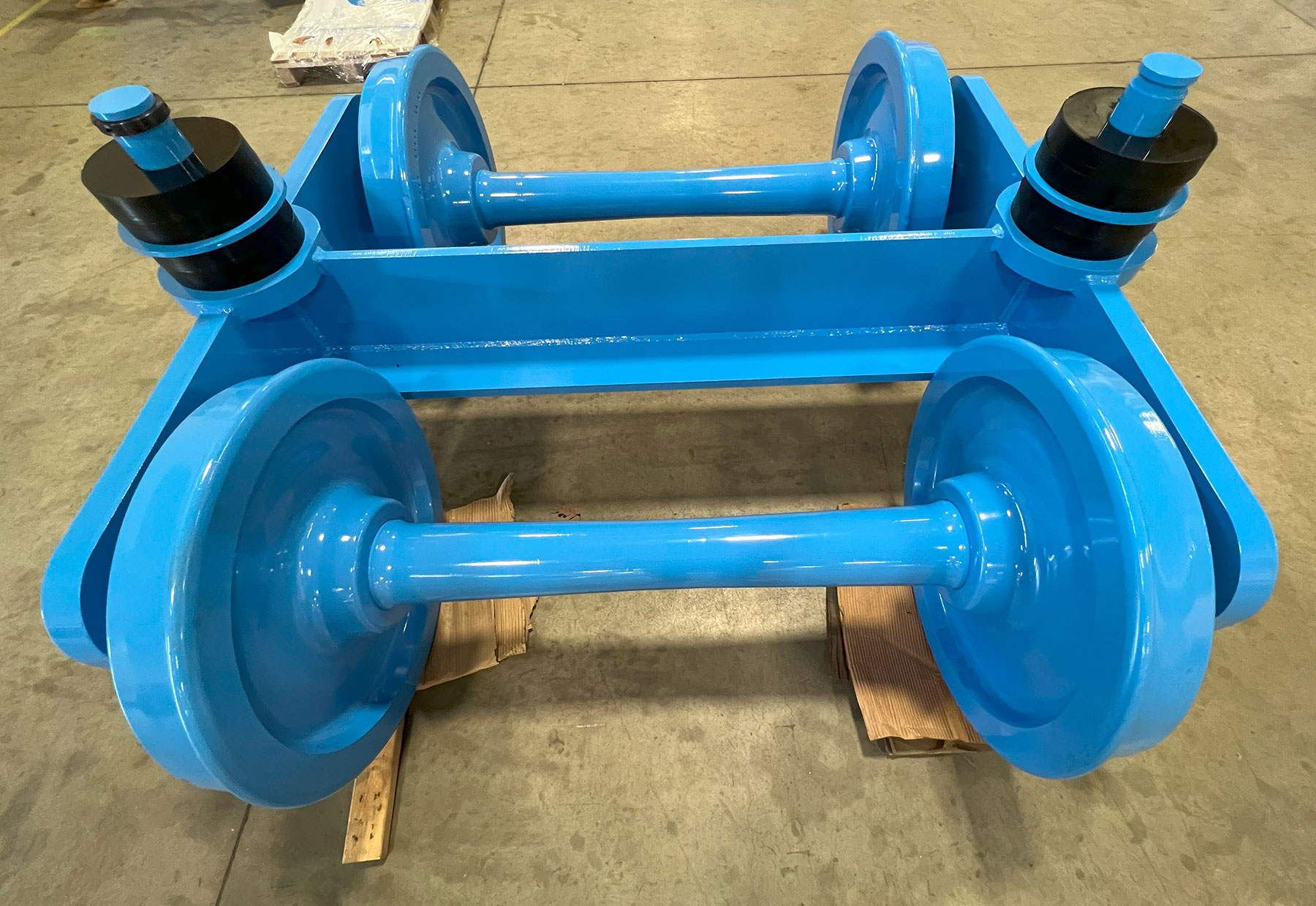 Blue rollers with black accents positioned on a support frame, designed for case handling in food processing and automation systems.