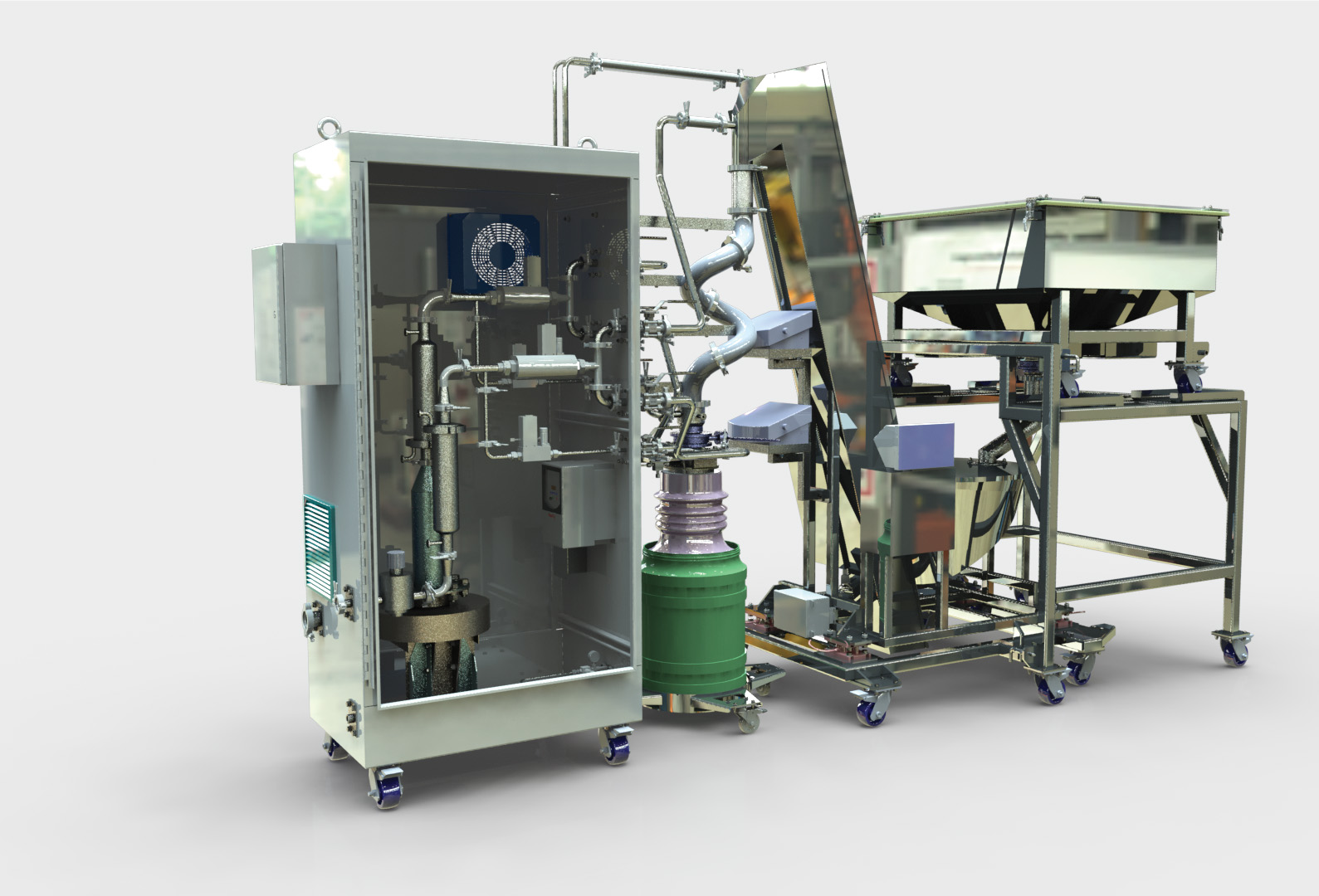 Tablet packaging system featuring a stainless steel structure, integrated mixing components, and a green container, designed for food processing automation.
