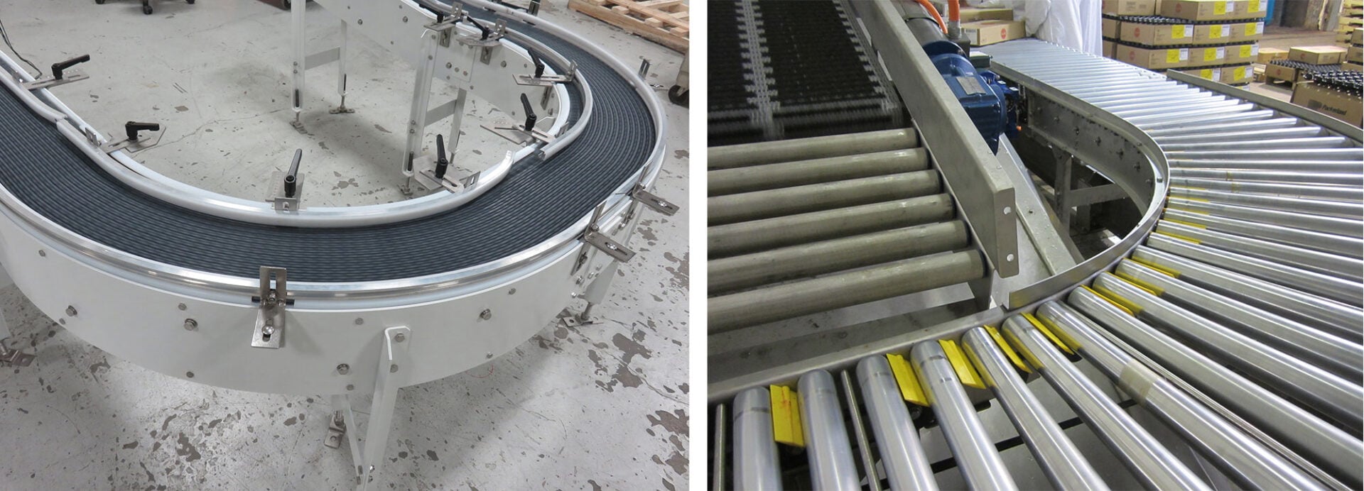 Curved 180 box conveyor system with powered rollers and belts, designed for efficient product transport in food processing environments.