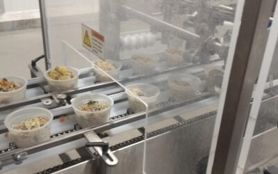 Automated conveyor system transporting food containers in a food processing facility, highlighting efficiency in food production.