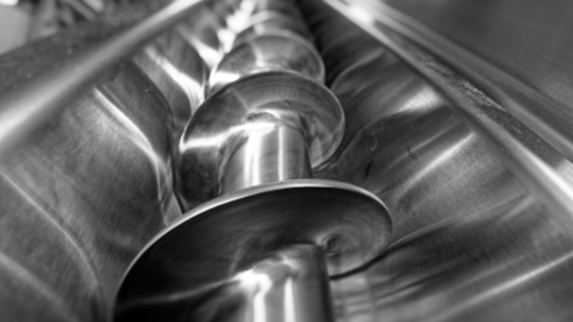 Screw conveyor with helical screw blade inside a metallic trough, illustrating material handling system for bulk materials in food processing applications.