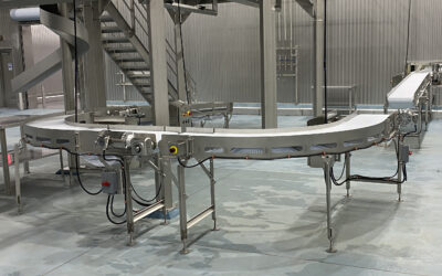 Automated packaging conveyor system in a food production facility, showcasing advanced automation solutions by CHL Systems.