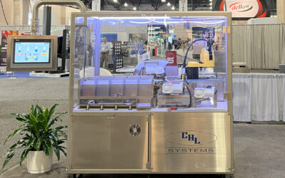 CHL Systems automated packaging machine on display, showcasing advanced technology for candy packaging, with visible branding and a modern design in a trade show setting.