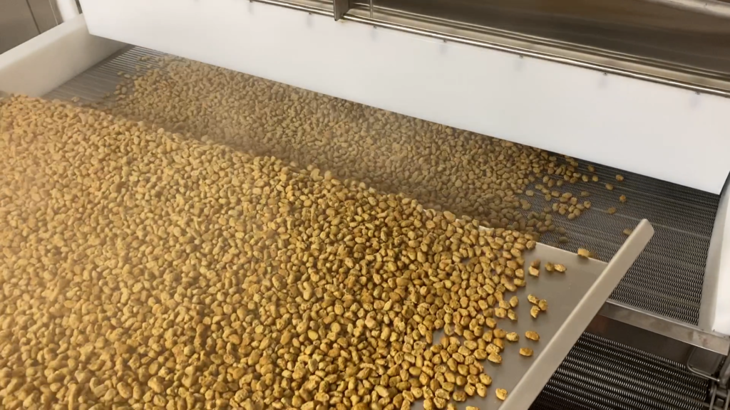 Metal conveyor belt transporting small, uniform protein pellets in a food processing environment, showcasing durability and hygiene for efficient operations.