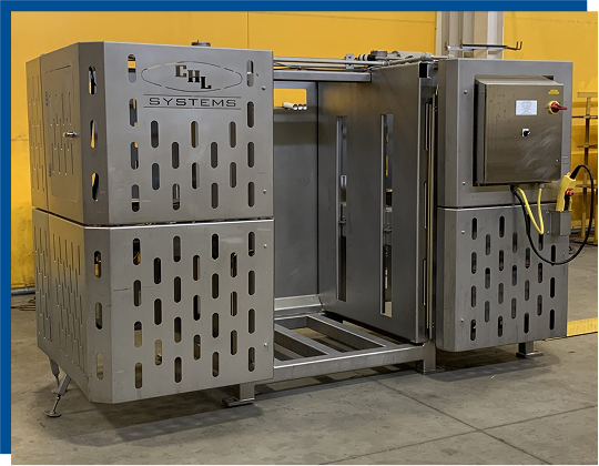 Frozen Block Separator by CHL Systems, stainless steel construction, ergonomically designed for pet food processing, featuring safety light curtains and user-friendly controls.