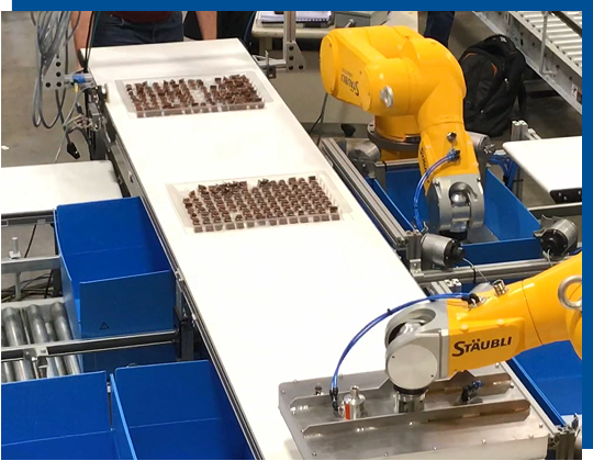 Robotic arm handling chocolate products on conveyor belt in automated food processing setup, showcasing CHL Systems' robotic solutions for enhanced production efficiency and automation.
